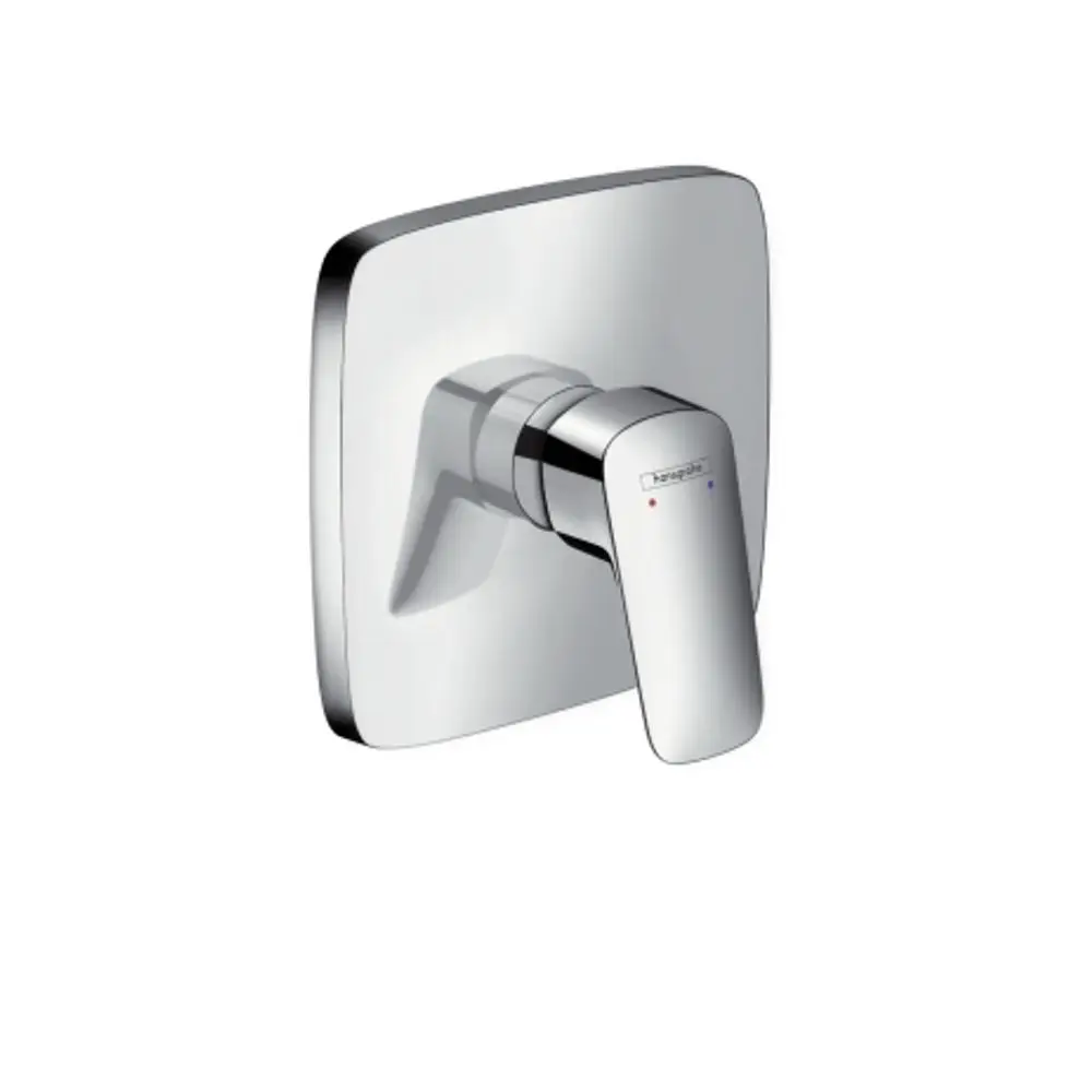 Unterputz-Brausemischer von Hansgrohe mit einem neutralen, quadratischen Plattendesign und einem Hebel zur Temperatur- und Mengenregulierung in Chromfinish.